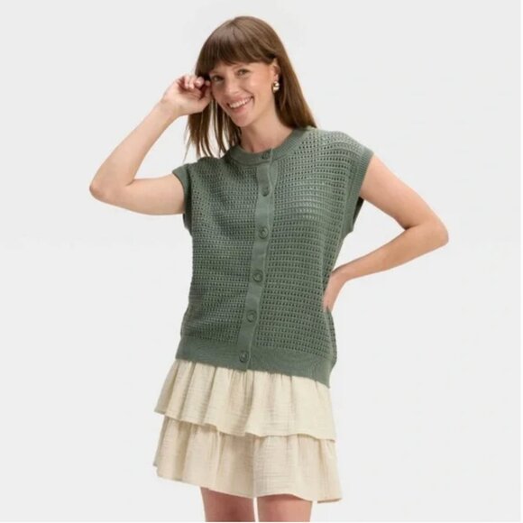 universal thread women pointelle sweater vest green M - Picture 1 of 9